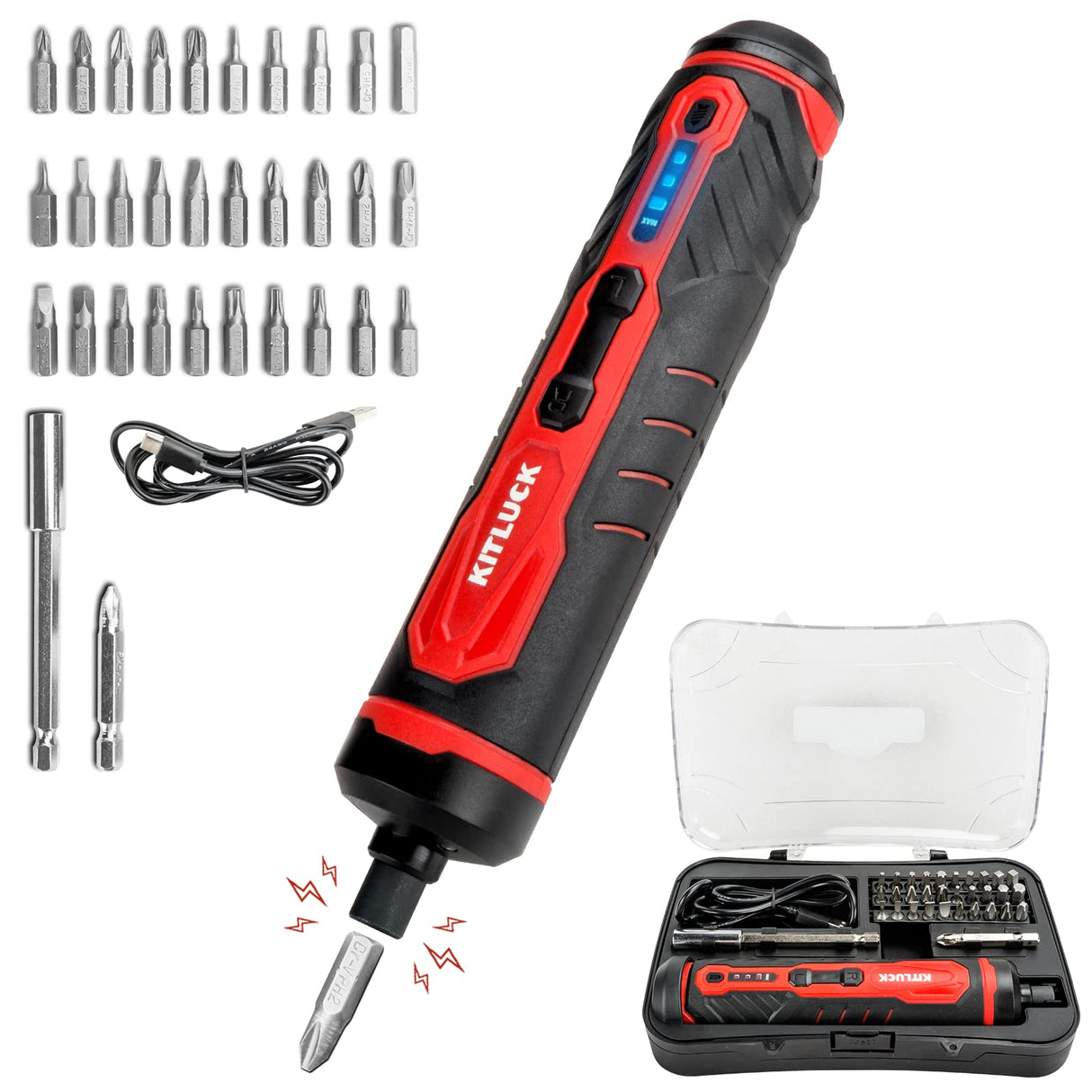 Electric Screwdriver, 4V Power Cordless Screwdriver Rechargeable Set with Li-ion Battery, 31 Bits&Extension Rod, 3 LED, 3 Adjustable Torque, Magnetic Hex Chuck, Mini Electric Screw driver Kit KITLUCK
