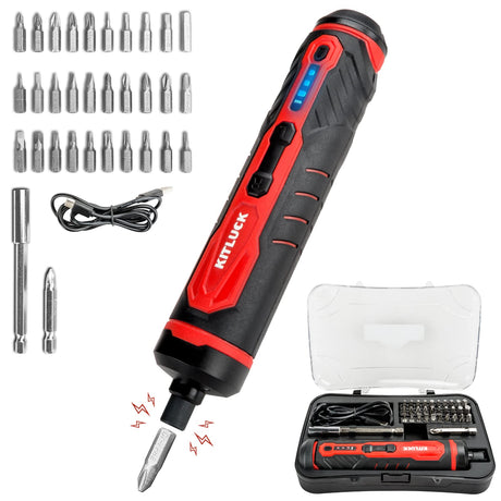 Electric Screwdriver, 4V Power Cordless Screwdriver Rechargeable Set with Li-ion Battery, 31 Bits&Extension Rod, 3 LED, 3 Adjustable Torque, Magnetic Hex Chuck, Mini Electric Screw driver Kit KITLUCK