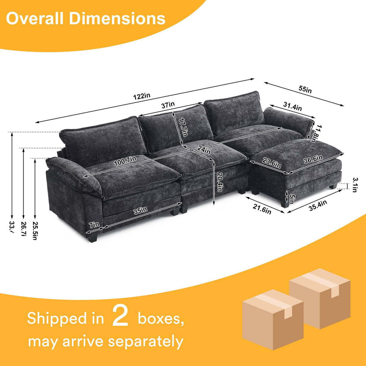 Karl home 122" Sectional Couch 3-Seat Deep Sofa Couch with Ottoman Modern L Shape Sectional Sofa Chenille Upholstered for Living Room, Apartment, Studio, Office, Black Karl home