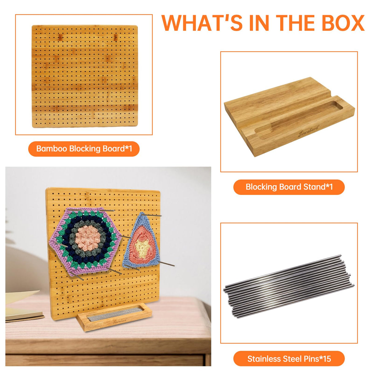 Iswabard 13x13 Inch Bamboo Crochet Blocking Board with 15 Stainless Steel Rods, Perfect for Beginners, Modern Style, Unisex, Adults Iswabard