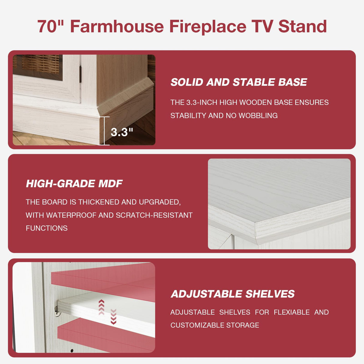 oneinmil 36 Inch 3-Sided Glass Fireplace TV Stand for TVs up to 80", Rustic Media Entertainment Center Console Table with Glass Door Closed Storage, Set of TV Table, White oneinmil