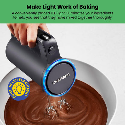 Chefman Cordless Hand Mixer, 7 Speed Electric Handheld Kitchen Food Mixer, Easily Whisk Eggs, Whip Cream, or Mix Cookie Dough, Digital Display, Dishwasher Safe Parts, and LED Charge Indicator Light