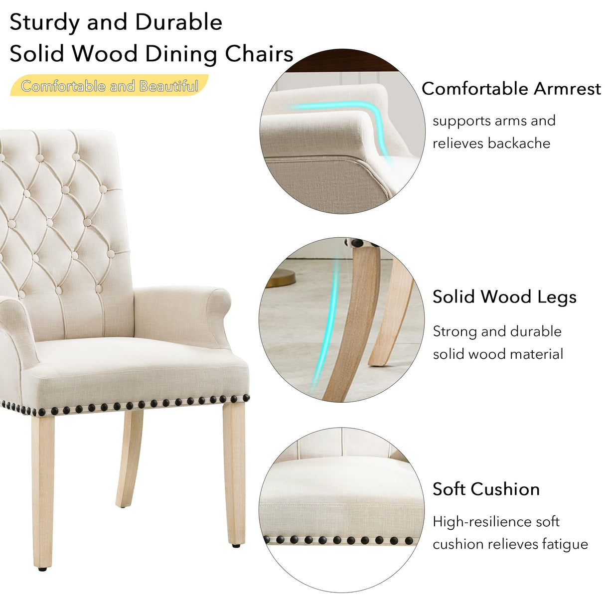 adochr Upholstered Fabric Accent Dining Chair, Elegant Tufted Club Dining Room Kitchen Room Arm Dining Chair, Beige adochr