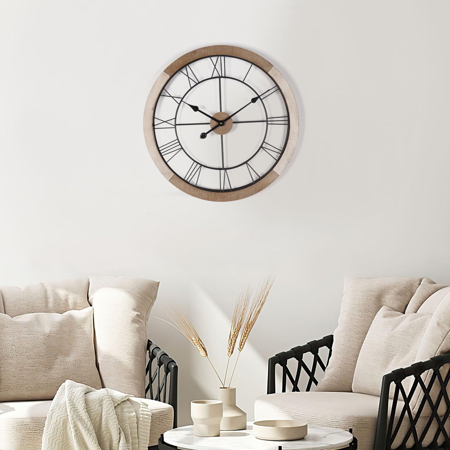 Wall Clock for Living Room Decor, 24'' Big Wall Clock for Office, Rustic Wall Clock Battery Operated, Distressed White Roman Numeral Clock, Round, Wood Wall Clock - WoodArtSupply