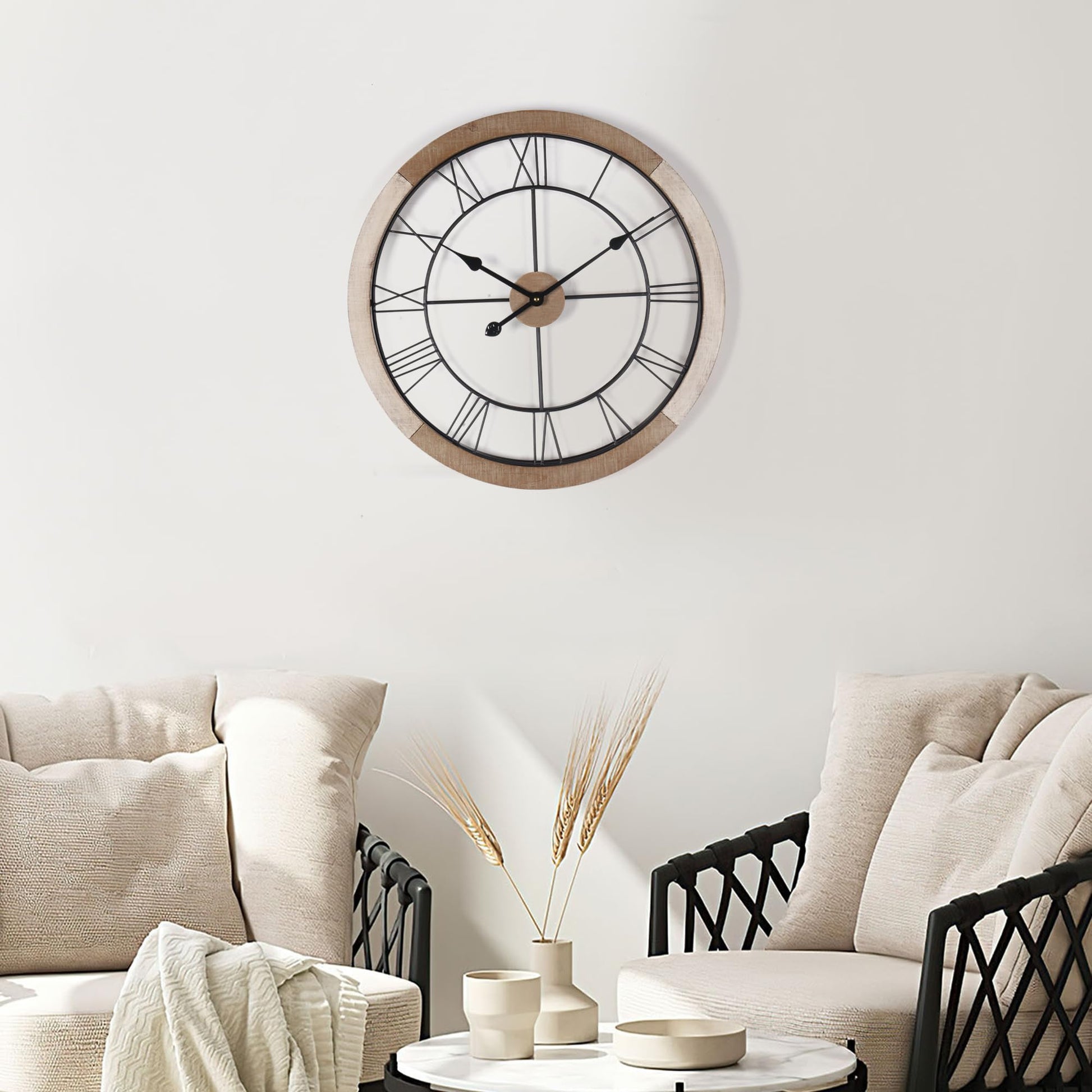 Wall Clock for Living Room Decor, 24'' Big Wall Clock for Office, Rustic Wall Clock Battery Operated, Distressed White Roman Numeral Clock, Round, Wood Wall Clock - WoodArtSupply