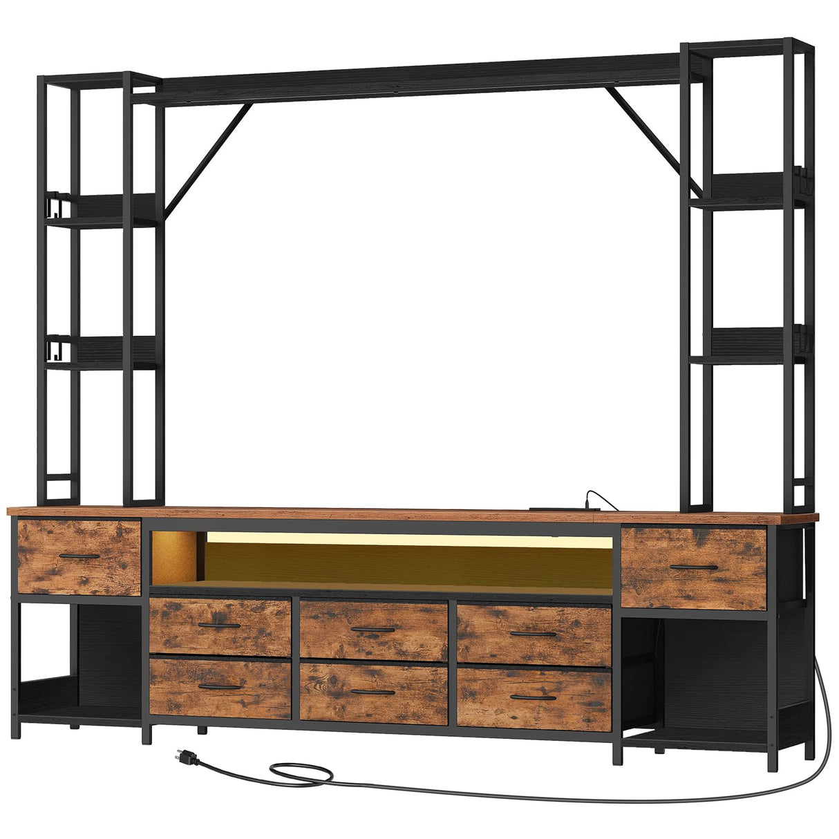 RALGEND TV Stand with Power Outlets to 65 Inches, LED Large Wall Unit Entertainment Center with Bookshelf, Dresser TV Stand with 8 PU Drawer, for Living Room, Bedroom, Rustic Brown and Black RALGEND