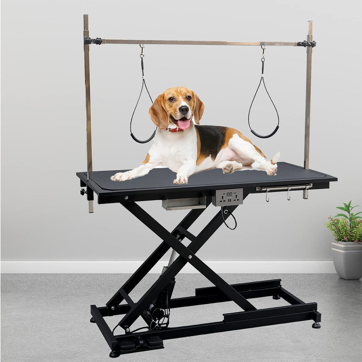 Afqxf Electric Lift Pet Grooming Table, Heavy Duty Professional X-Type Electric Lift Dog Grooming Table for Large Dogs, with Overhead Arm, Clamps and Two Grooming Noose, 50''/ Black Afqxf