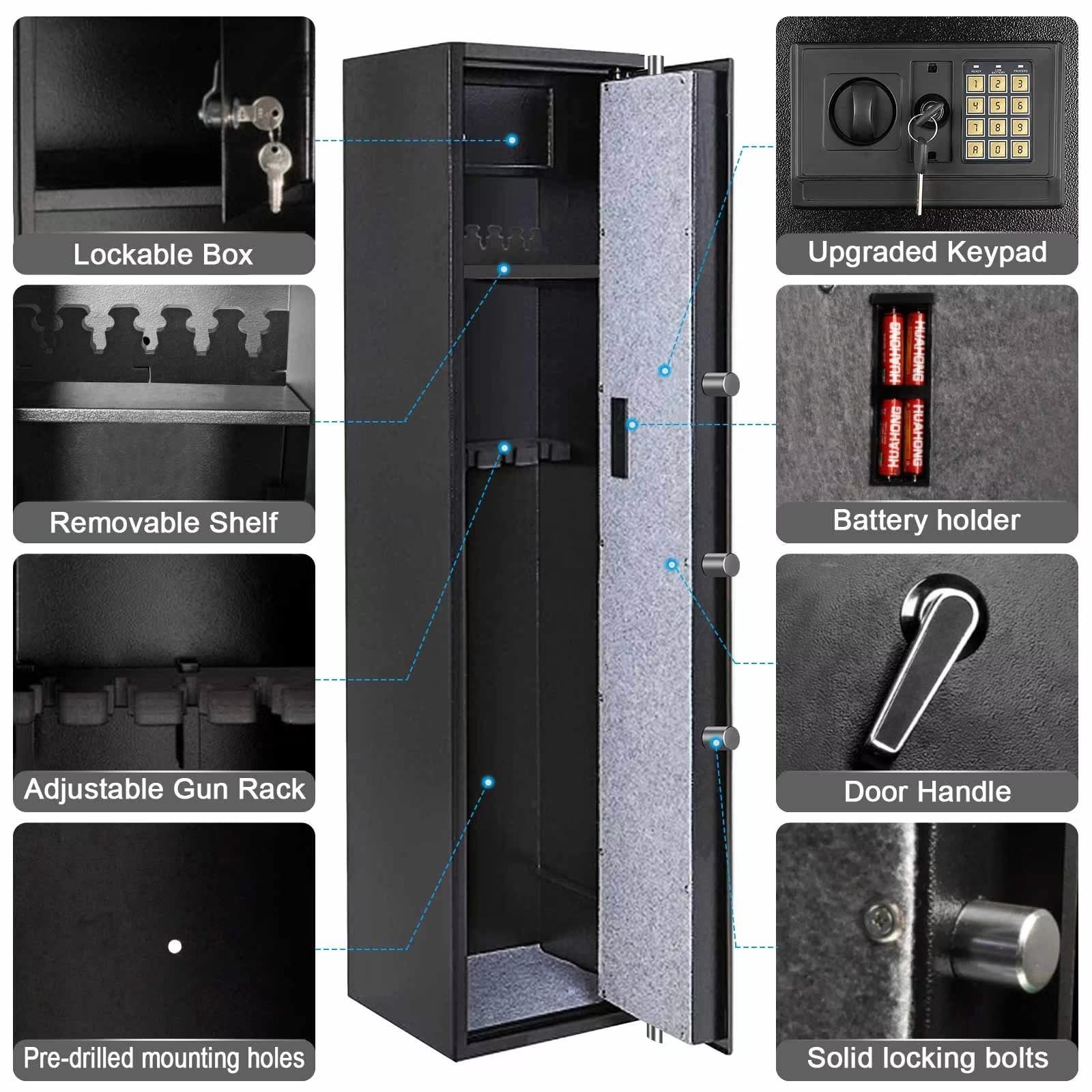 Large Rifle Safe, Long Gun Safe for Rifle Shotgun for Home, Quick Access 5-6 Gun Storage Cabinet with a Handgun Lock Box and a Removable Shelf, Silent Mode (Keyboard PIN Code) - WoodArtSupply