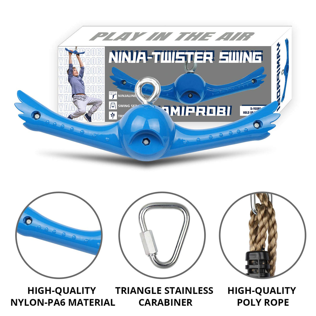 YAMIPROBI Ninja-Twister Swing Spins Set: Slackline Attachments - 360° Handle Twist-Spin Flips Toy Activate Ninja Powers Warrior Accessories Kids Hang Toys for Playground Backyard Blue YAMIPROBI