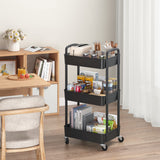 Sywhitta 3-Tier Plastic Rolling Utility Cart with Handle, Multi-Functional Storage Trolley for Office, Living Room, Kitchen, Movable Storage Organizer with Wheels, Black Sywhitta