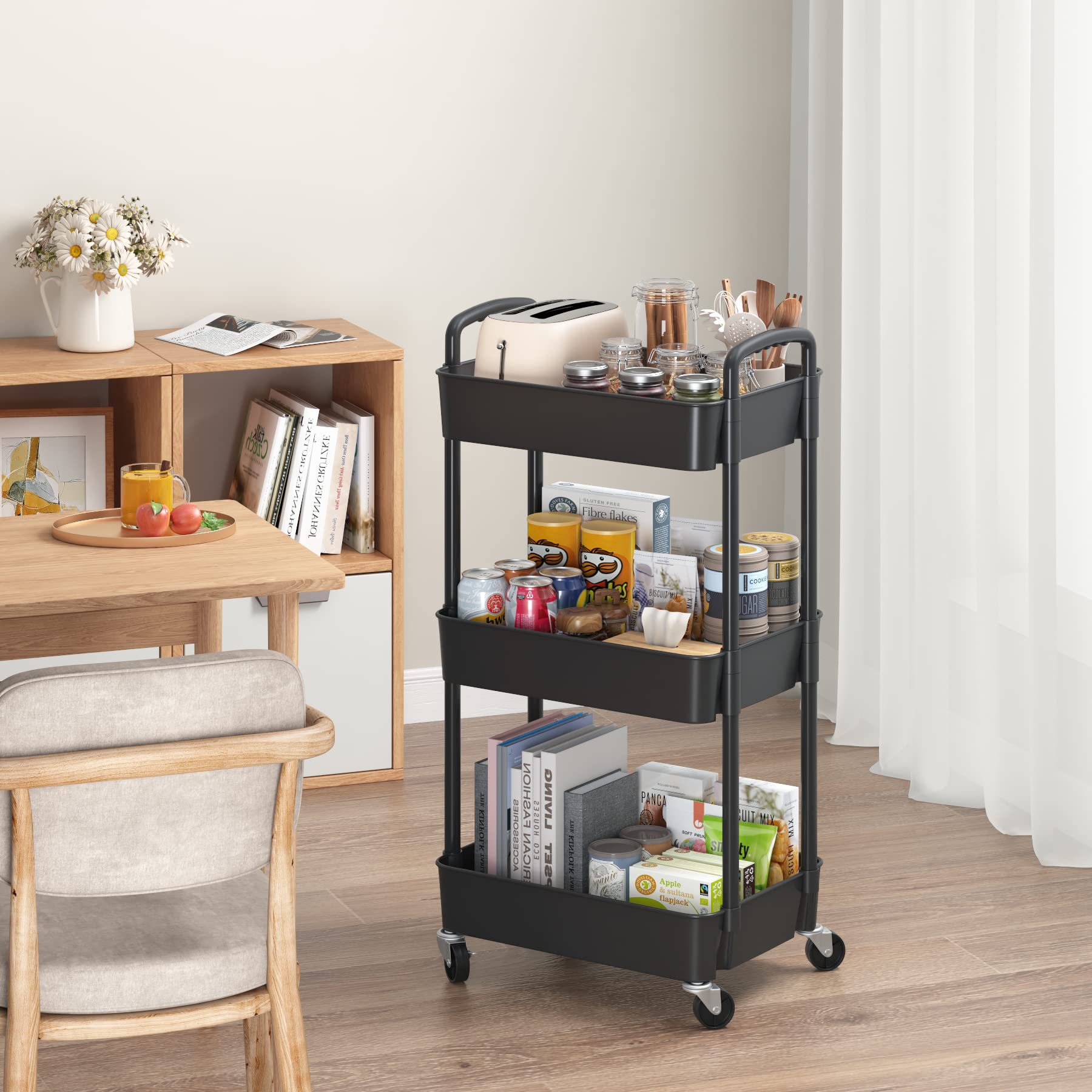 Sywhitta 3-Tier Plastic Rolling Utility Cart with Handle, Multi-Functional Storage Trolley for Office, Living Room, Kitchen, Movable Storage Organizer with Wheels, Black - WoodArtSupply