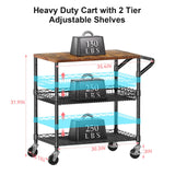 WDT 3 Tier Rolling Carts with Wheels, Heavy Duty Rolling Utility Cart with Wood Tabletop, Commercial Grade Metal Cart with Handle and Hooks, NSF Storage Serving Carts for Kitchen Island, Wood+Metal WDT