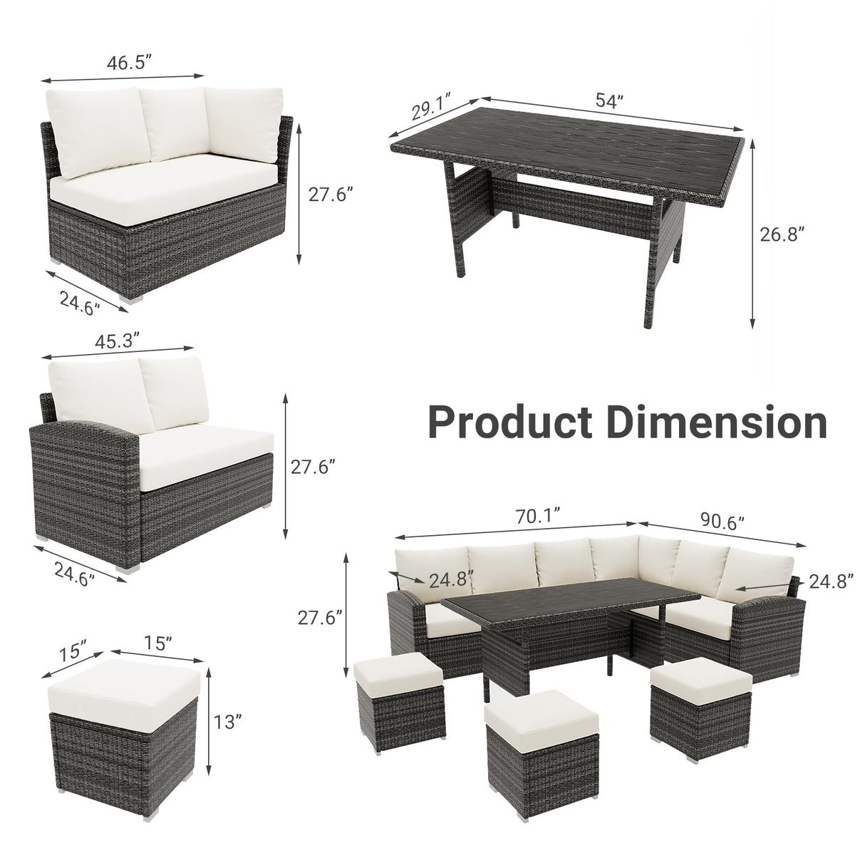 7 Piece Outdoor Patio Furniture Set with Plastic Wooden Table, Patio Rattan Conversationr Sofa Set, All Weather Sectional Rattan Sofa and Chairs, Garden, Porch, Poolside, Grey + Beige GAOMON