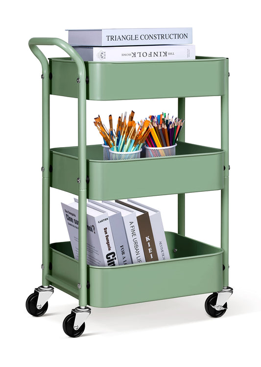 AOODA 3 Tier Under Desk Rolling Cart with Handle and Lockable Wheels, 27'' Height Small Metal Book Cart Mobile Art Cart Rolling Storage Organizer for Office, Kitchen, Bathroom (Aqua Green) - WoodArtSupply