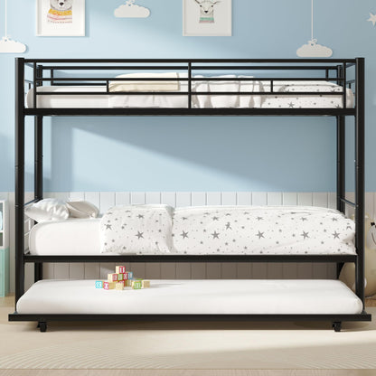 VECELO Twin Over Twin Bunk Bed with Trundle, Metal Bunkbeds with Ladder and Full-Length Guardrail, Noise Free, No Box Spring Needed, Black