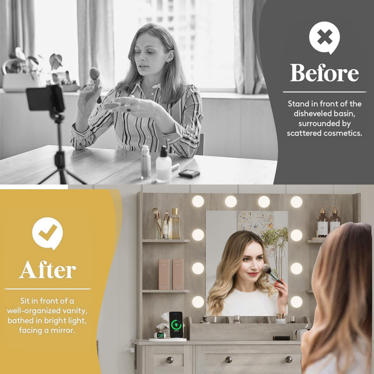 Vanity Makeup Desk with Mirror and Lights, Farmhouse Vanity Table Set with Storage Drawers, Charging Station & Chair, 43" Large Rustic Dressing Table, 3 Lighting Modes for Women Girls Bedroom, Grey Xixini