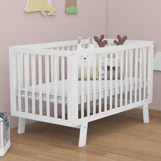 BABY JOY Wooden Baby Crib, Rubber Wood Mini Crib w/ 3-Height Adjustable Mattress Support Base & Full-Length Guardrails, Toddler Bedroom Furniture Fence Bed (White) - WoodArtSupply