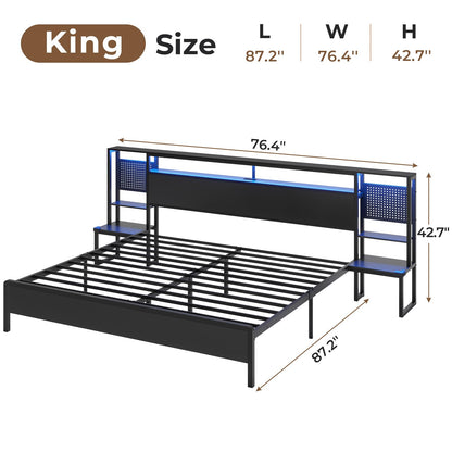 HAUOMS King Size Bed Frame with Smart LED Lights, Charging Station, and Storage Headboard in Black - WoodArtSupply