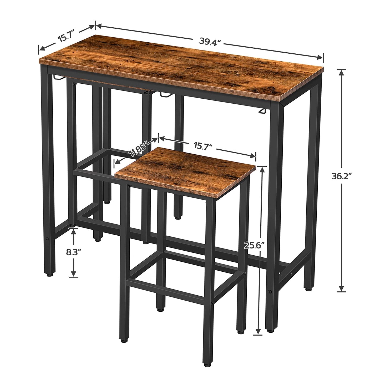 HOOBRO Rustic Brown Bar Table Set with Stools - Space-Saving Pub Dining Solution