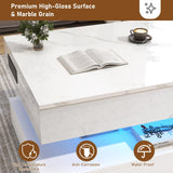 chartustriable 47.2" Large Lift Top Coffee Table with Charging Station, LED Modern High Glossy Center Table with Hidden Compartment Storage, White Lift Living Room Tables with Marbling Print, White chartustriable