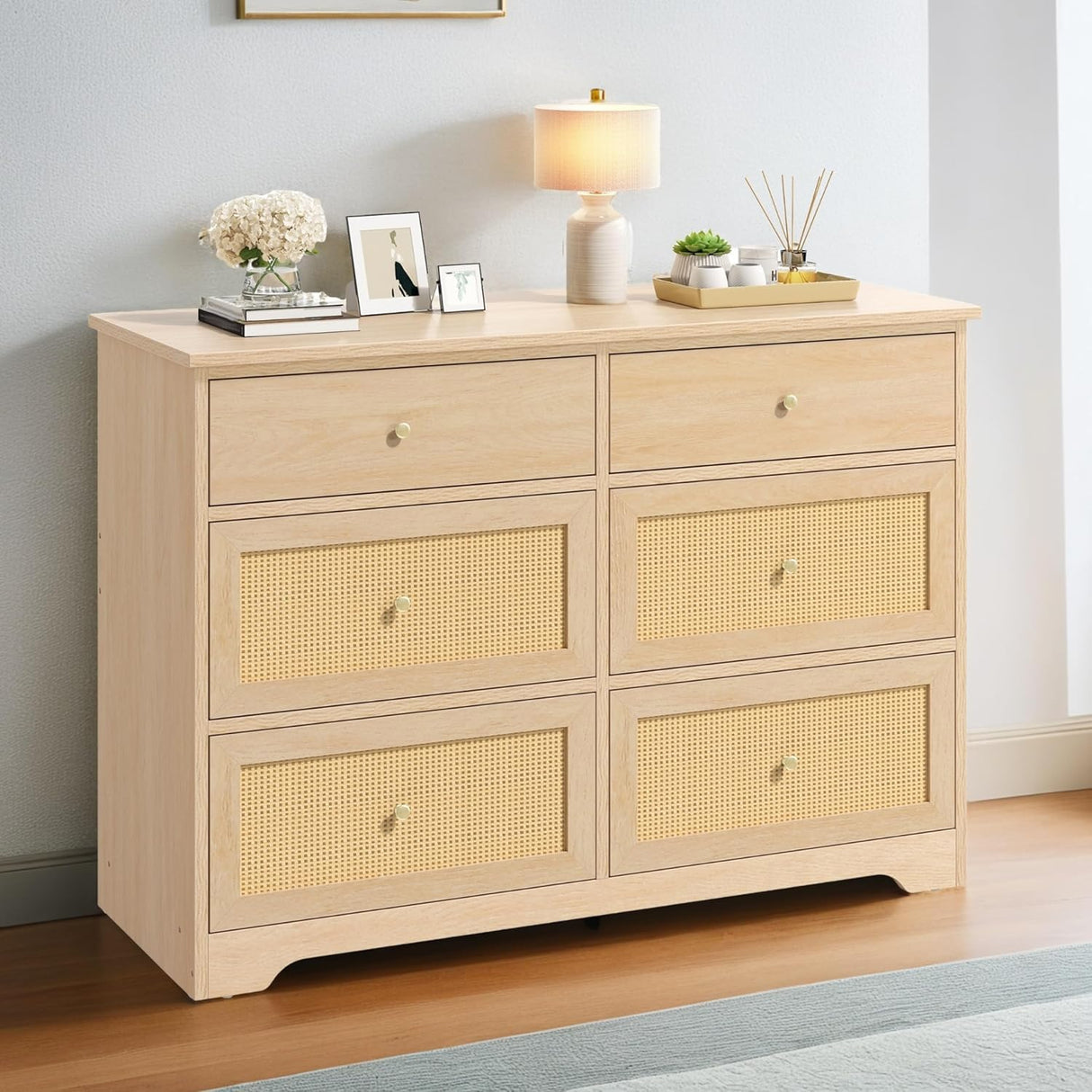 YITAHOME Rattan Dressers & Chests of Drawers, 6 Drawer Modern Closet Dresser, Wood Color YITAHOME