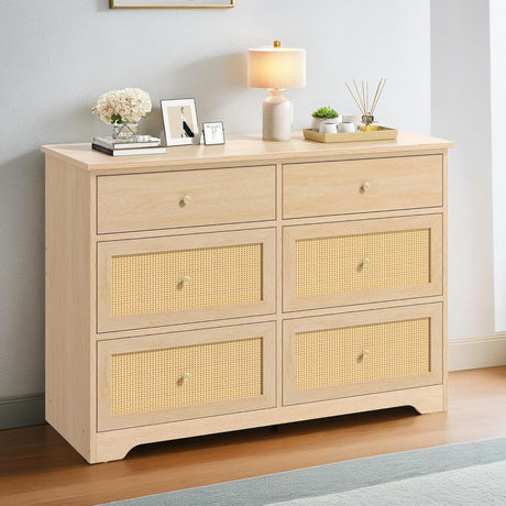 YITAHOME Rattan Dressers & Chests of Drawers, 6 Drawer Modern Closet Dresser, Wood Color YITAHOME