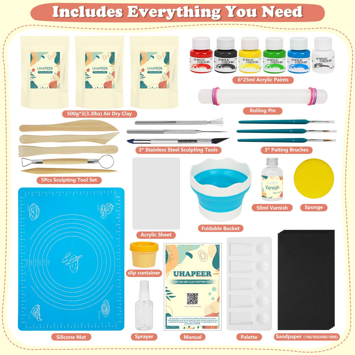 UHAPEER Air Dry Clay Kit for Adults, Pottery Set for Beginners with Clay, Sculpting Tools, Varnish, Pottery Paint, Step-by-Step Guide & Video, Gift for Arts Crafts Lover UHAPEER