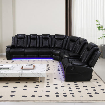 GEBADOL Power Recliner Sectional Sofa with LED, Black Leather Reclining Sectional Couch, Air Leather Sofa Couch with USB Port&Cup Holder for Living Room/Apartment/Office