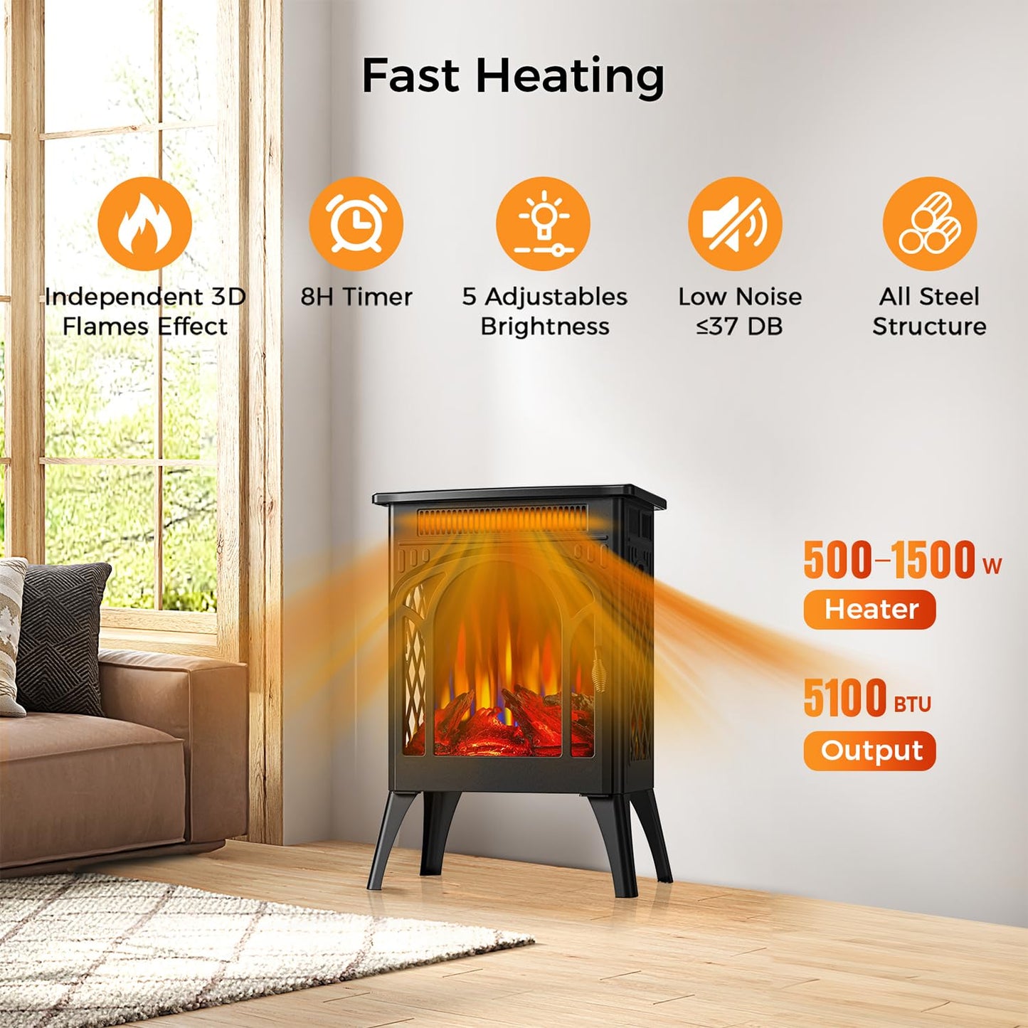 Joy Pebble Electric Fireplace Stove, 1500W 3s Fast Heating, 17" Infrared Fireplace Heater, Remote Control & 8H Timer, Adjustable Flame Color and Brightness, Overheat Protection, ETL Certified