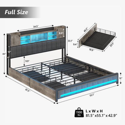 CSZZD Full Bed Frame with 4 Storage Drawers, Bookcase Headboard & USB Charging Station, Upholstered Metal Platform Bed in Oak Gray - WoodArtSupply