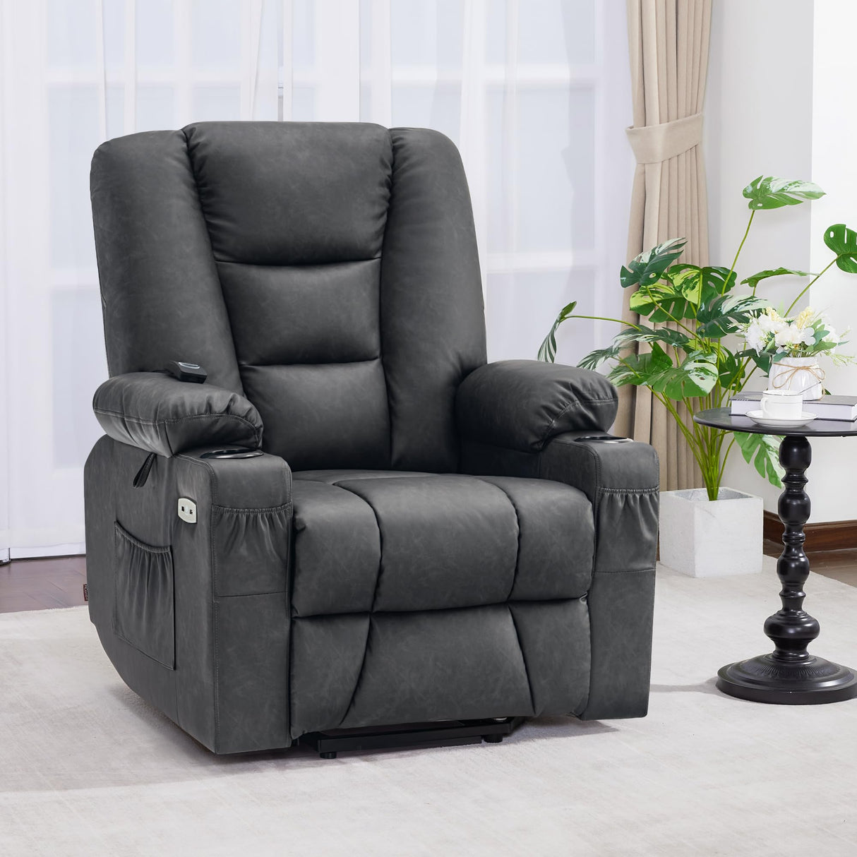MCombo Power Lift Recliner Chair for Elderly, Lift Chair with Heat and Massage, USB Ports, Cup Holders, Faux Leather 7519 (Medium, Dark Grey) MCombo
