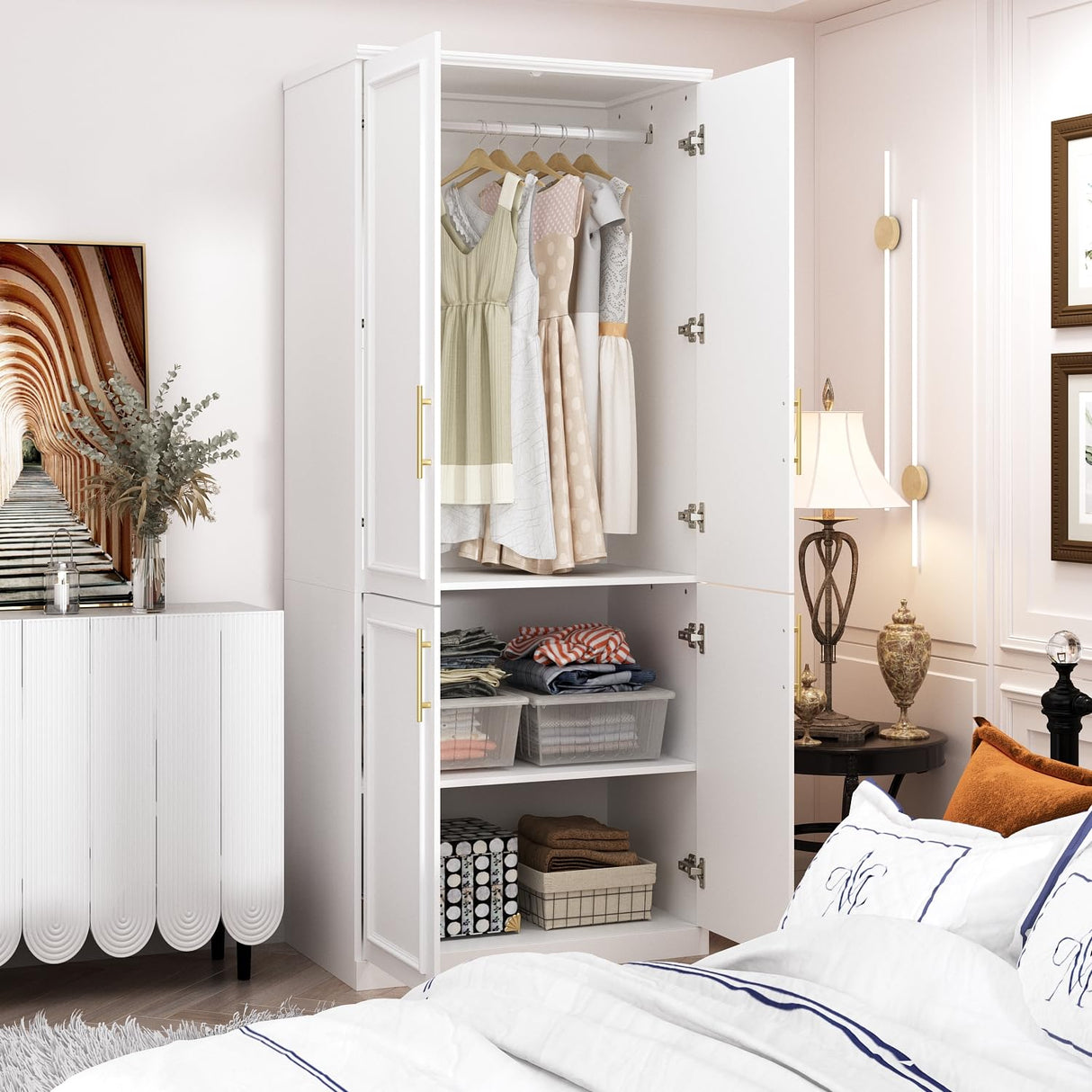 ECACAD White Wardrobe Armoire with 4 Doors, 3-Tier Shelves & Hanging Rod, Wooden Closet Storage Cabinet for Bedroom (30.2”W x 19.3”D x 74.8”H) ECACAD