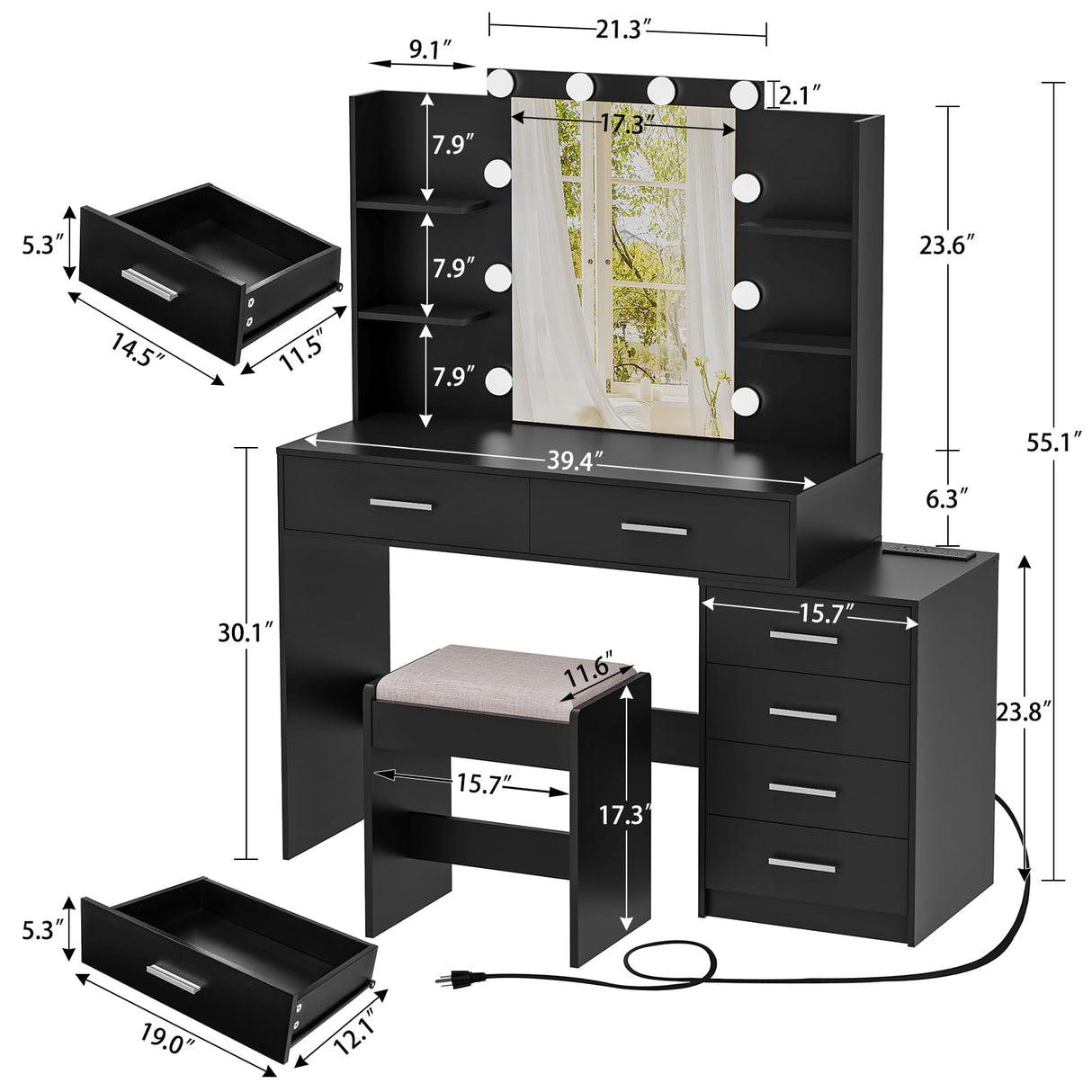 FIONESO Vanity Desk with Mirror & Lights, Makeup Vanity with 6 Drawers, 6 Open Shelves and Power Outlet, 48” Storage Makeup Vanity Desk with Stool Bench for Women, Girls, Bedroom, Black FIONESO