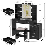 FIONESO Vanity Desk with Mirror & Lights, Makeup Vanity with 6 Drawers, 6 Open Shelves and Power Outlet, 48” Storage Makeup Vanity Desk with Stool Bench for Women, Girls, Bedroom, Black FIONESO