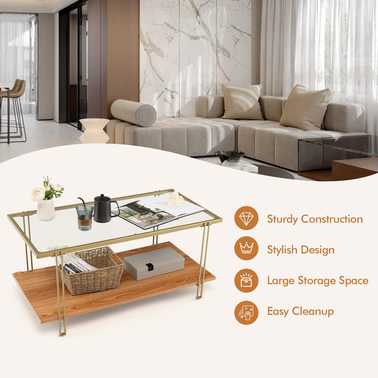 Tangkula Glass Coffee Table, 40In Mid Century 2 Tier Rectangle Coffee Table, Tempered Glass Top & Wood Storage Shelf, Steel Frame, Adjustable Feet, Modern Cocktail Accent Table for Living Room (Gold) Tangkula