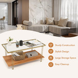 Tangkula Glass Coffee Table, 40In Mid Century 2 Tier Rectangle Coffee Table, Tempered Glass Top & Wood Storage Shelf, Steel Frame, Adjustable Feet, Modern Cocktail Accent Table for Living Room (Gold) Tangkula