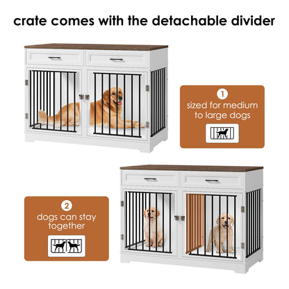 Dog Crate Furniture 47" Wooden Dog Kennels for Dogs Indoor with a Removable Divider for Large/Medium/Small Dogs, 2 Storage Drawers and Large Tabletop Dog Cages Double Doors Dog House, White - WoodArtSupply