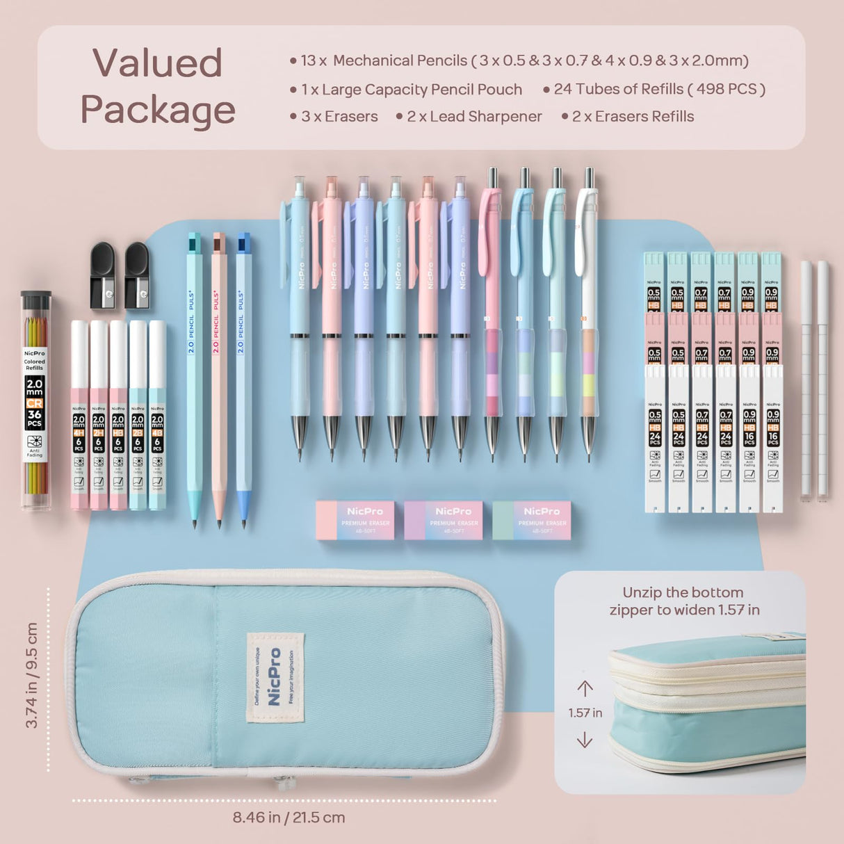 Nicpro 45PCS Aesthetic School Supplies with Pencil Case, Mechanical Pencils 0.5mm, 0.7mm, 0.9mm & 2.0mm with 498 PCS Refills, Cute Mechanical Pencil Set for Writing, Drawing & Drafting (Blue) Nicpro