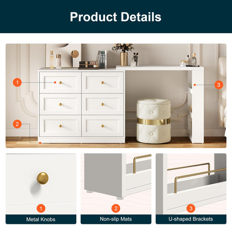 RoyalCraft Vanity Desk and Dresser Combo, 67" L Extendable Big Makeup Vainty with 6 Drawer Dresser and 3 Side Shelves, Wood Corner Vanity for Bedroom, Dressing Table for Women Girlfriend, White RoyalCraft