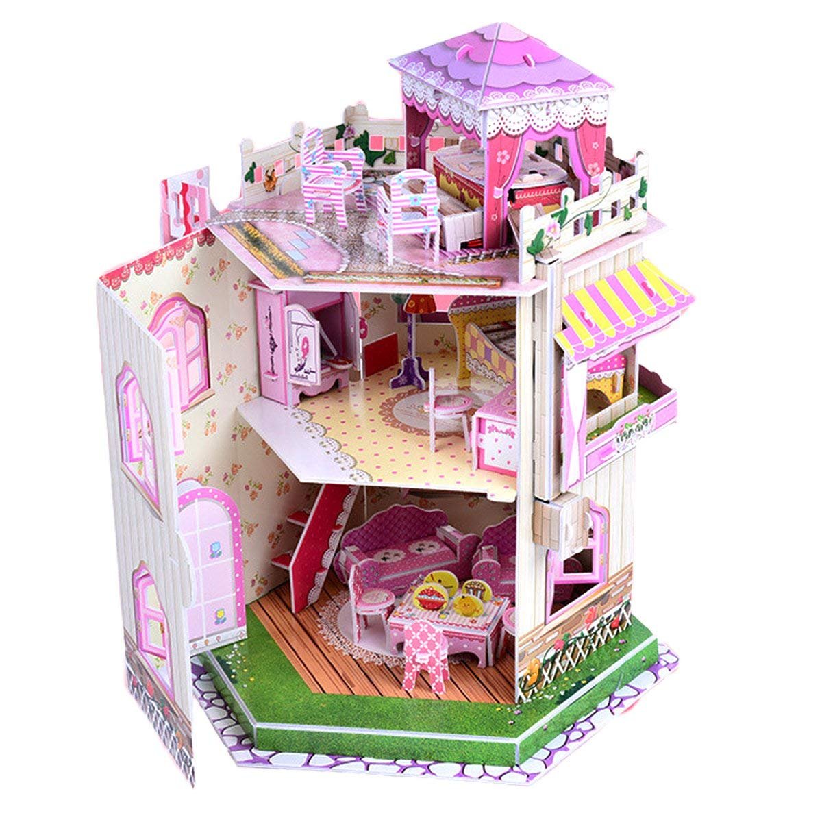 Rooftop Romance 3D Puzzle Dollhouse for Girls - Easy to Assemble 3-D Miniature Doll House Building Kit with LED Light for Kids - Educational Paper Jigsaw Puzzles - Perfect Craft Toys Gift - 101 Pcs Sourcingbay