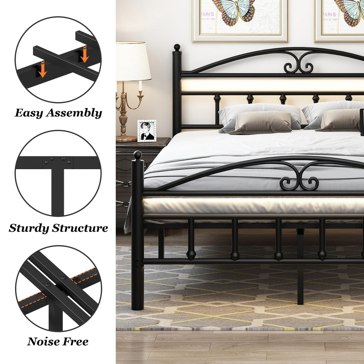Samurbex Full Size Bed Frame with Charging Station,Black Metal Platform Bed Frame with LED Lights,Heavy Duty Metal Steel Slats Support,No Box Spring Needed,Noise Free,Easy to Assemble Samurbex
