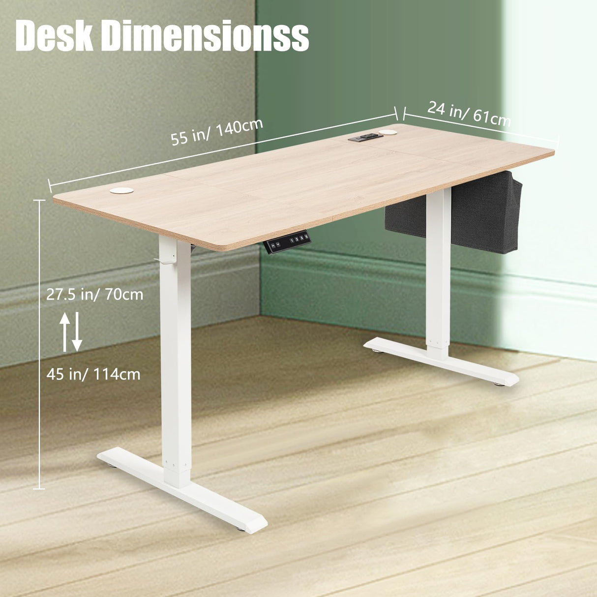 PORIYA 55x24 Inch Electric Height Adjustable Standing Desk with Cable Management, Acceptable 220V,Splice Board, Mouse Pad, 2-Outlet Power Strip with USB 20W Charger, and Casters（White Frame&Log Top） PORIYA