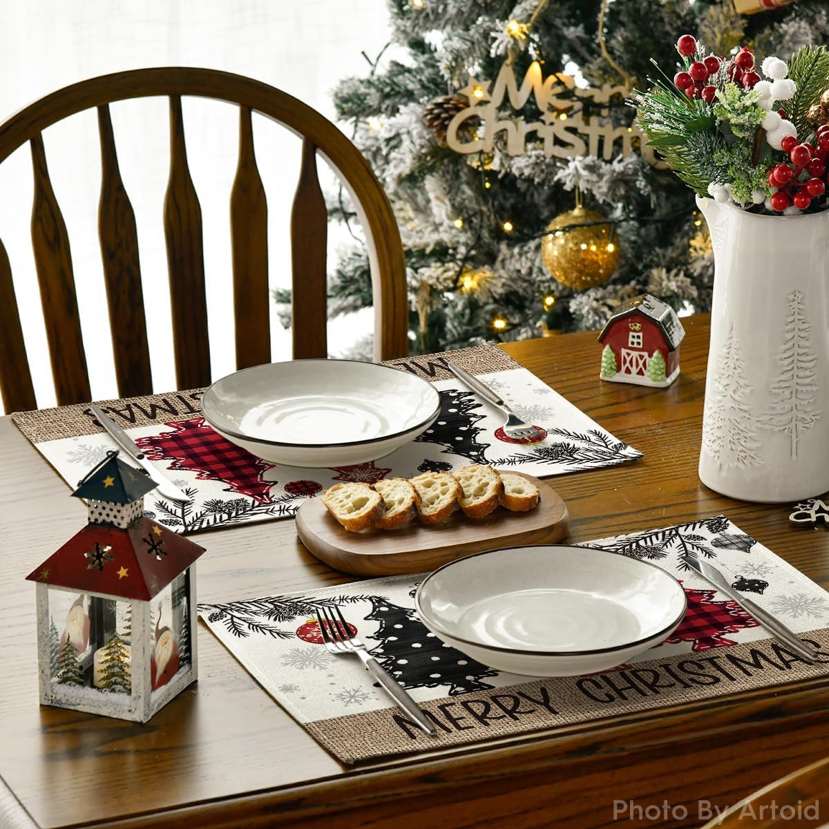 Artoid Mode Red Pine Trees Balls Merry Christmas Placemats Set of 4, 12x18 Inch Winter Xmas Table Mats for Party Kitchen Dining Decoration Artoid Mode