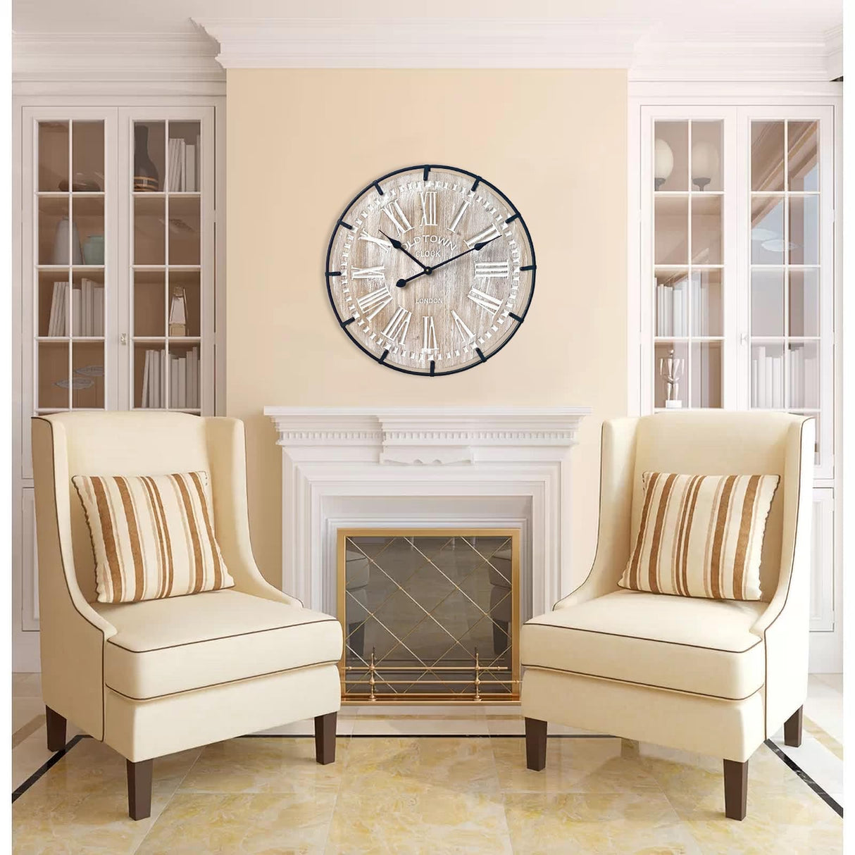 EMAX HOME 24 Inch Large Farmhouse Wall Clock, Rustic Antique Wood with Metal Circle and Large Engraved Numerals, Silent Battery Operated Wall Clock for Office Kitchen Bedroom Living Room EMAX HOME