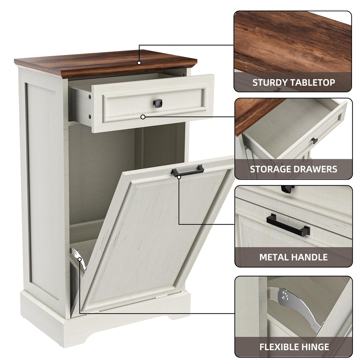 Spurgehom 13 Gallons Tilt Out Trash Cabinet Free Standing Kitchen Trash Garbage Bin Recycling Trash Cabinets with Hideaway Drawer Pet Proof Trash Can Holder for Kitchen, Antique White and Brown Spurgehom