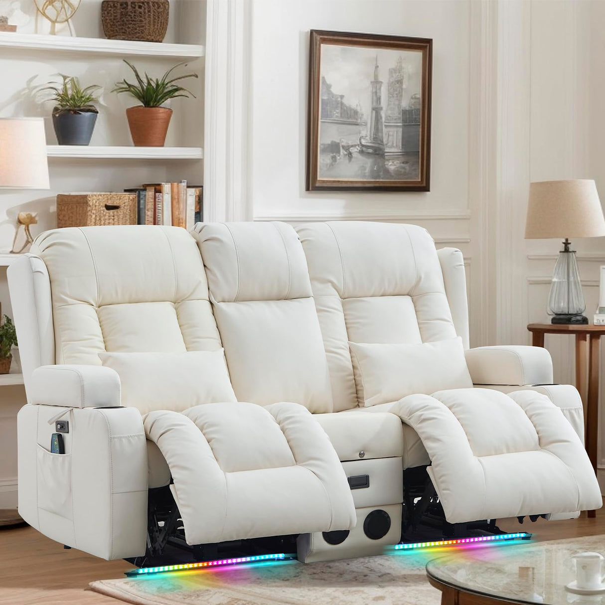 SENIFIS Loveseat Recliner Sofa, Leather Sofa with Massage & Heating, Home Theater Seating Power Reclining Loveseat with Outlet/LED Light/Cup Holders/Speaker/USB (Beige, Loveseat with Console) SENIFIS