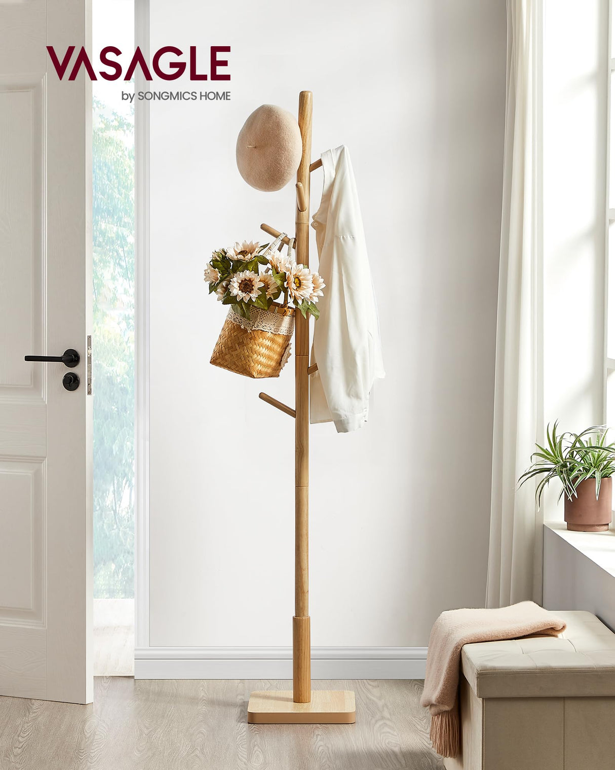 VASAGLE Solid Wood Coat Rack, Free Standing Hall Coat Tree with 8 Hooks, 3 Height Options, for Coats, Hats, Bags, Purses, for Entryway, Hallway, Rubberwood Hooks and Pole, Natural Beige URCR010N01 VASAGLE