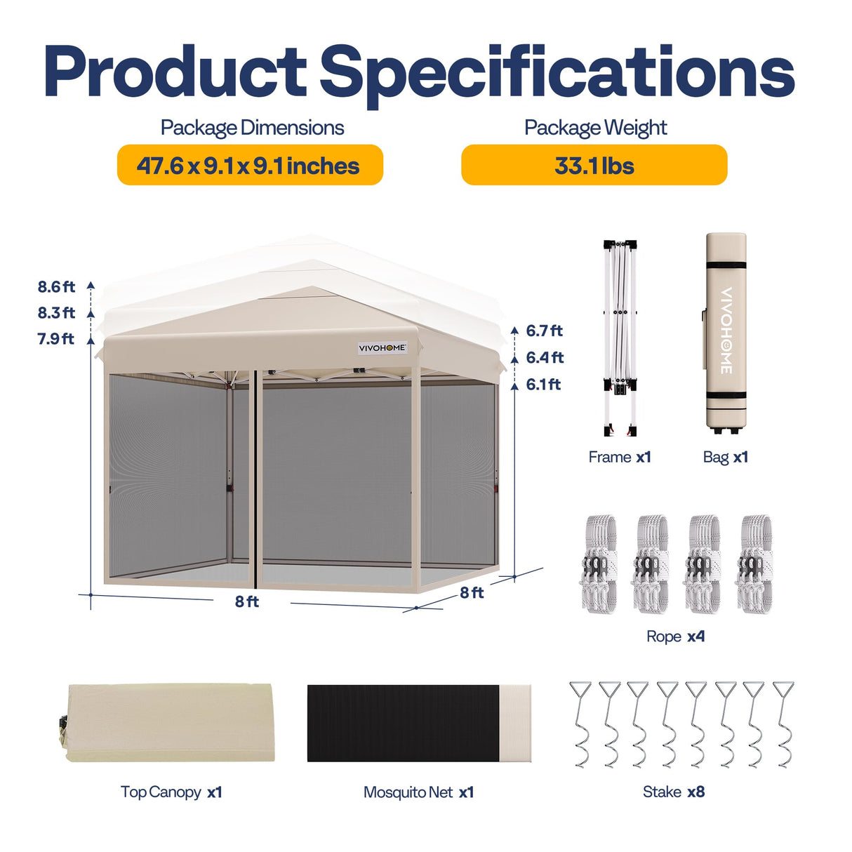 VIVOHOME 8x8ft Easy Pop-Up Screen Tent, Outdoor Canopy Tent with Mosquito Netting, 2 Zipper Doors, and Roller Bag for Yard Camping Picnic Party Events, Beige VIVOHOME