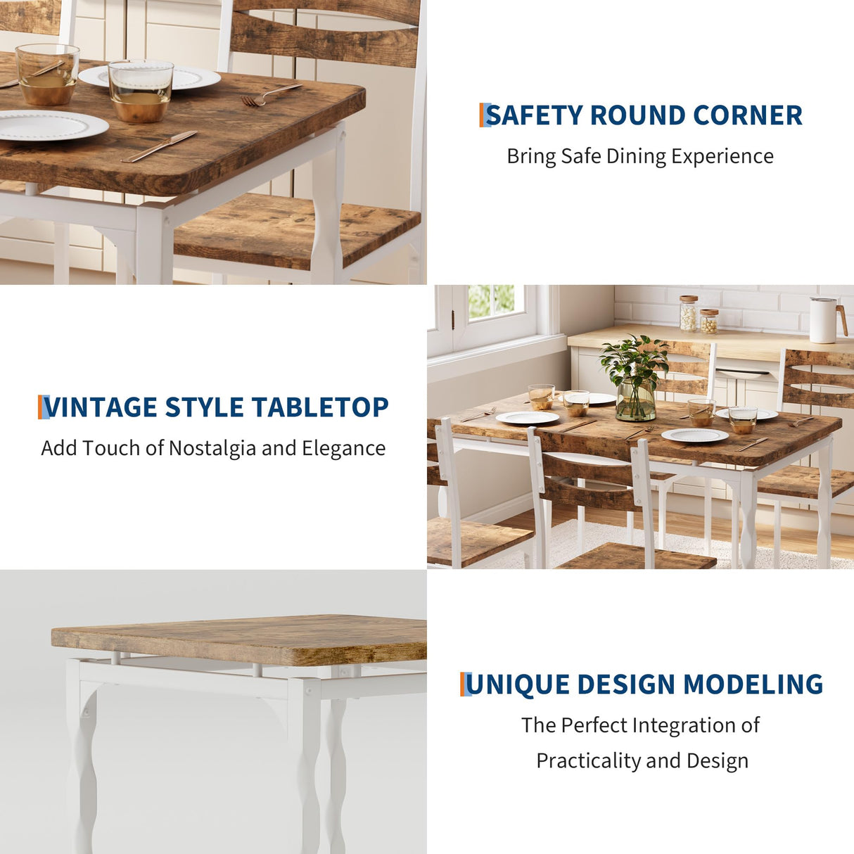 GarveeHome 5 Piece Dining Table Set, Industrial Style Dining Table and Chairs Set for 4, Kitchen Table Set for Dining Room Kitchen Apartment, White Brown GarveeHome