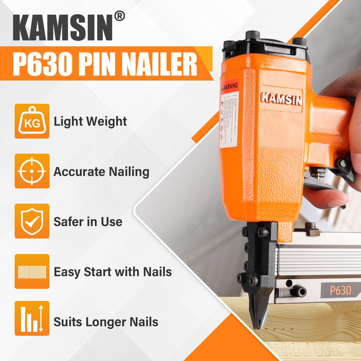 KAMSIN P630 23 Gauge Pneumatic Headless Pin Nailer Kit With 10,000PCS Pin Nails, 1/2-Inch to 1-3/16-Inch Leg Length, Air Power Micro Pinner With Safety For Furniture, Cabinets, Interior Decoration KAMSIN